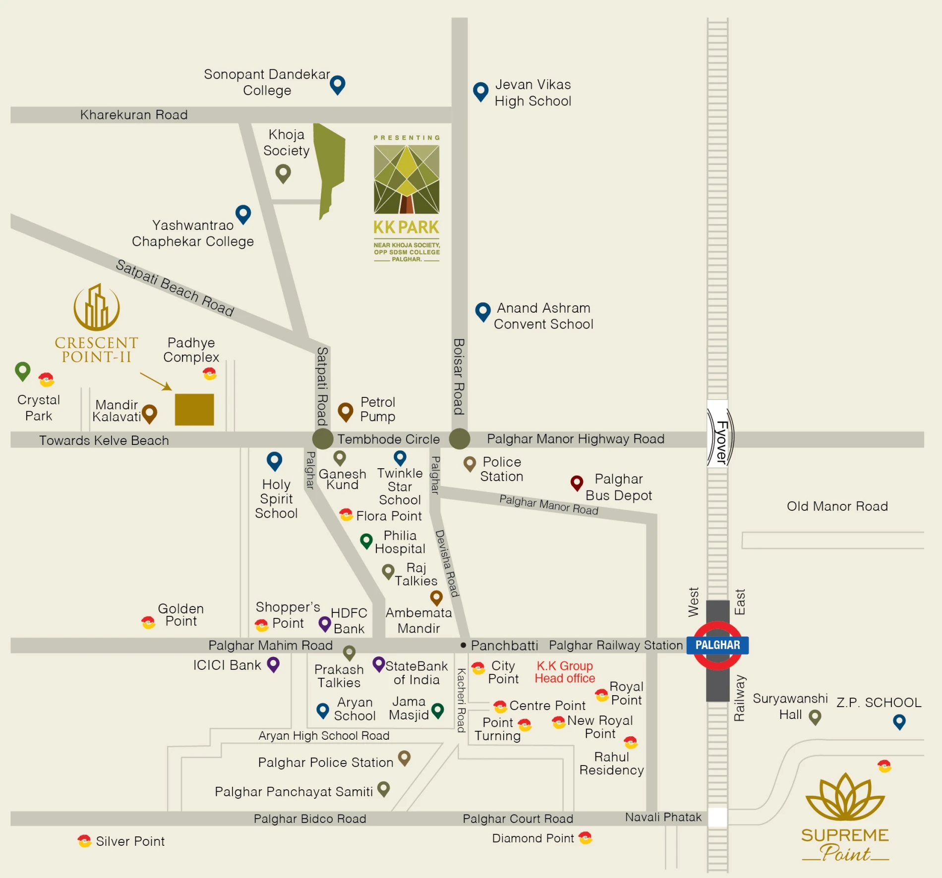 K.K. Park location map showing Khoja Society, S.D.S.M. College and nearby Palghar landmarks