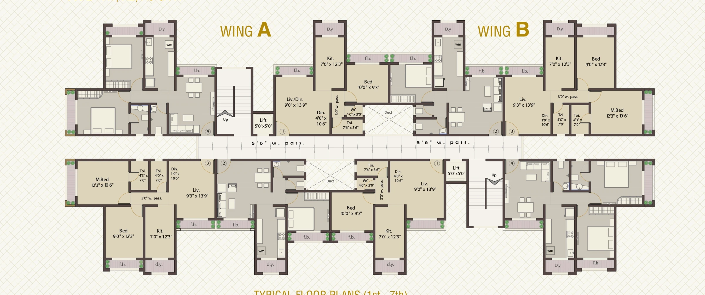 K.K. Park typical floor plans for Wings A and B, floors 1 to 7
